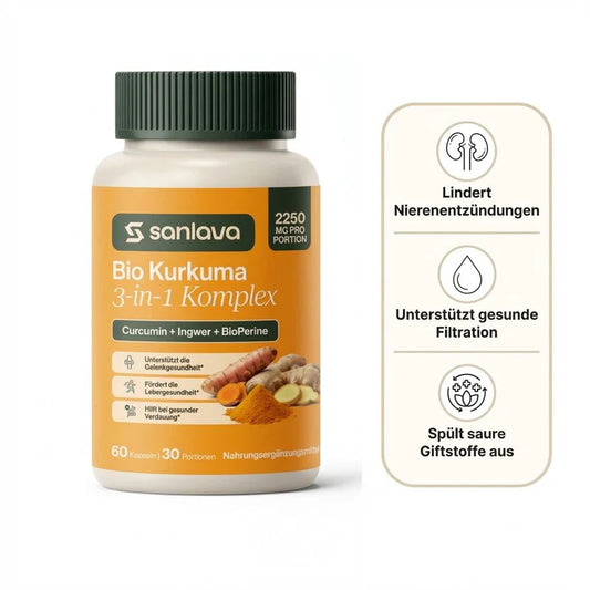Sanlava Curcuma Bio 2250 mg | Favorise une filtration rénale saine et aide à éliminer les dépôts inflammatoires
