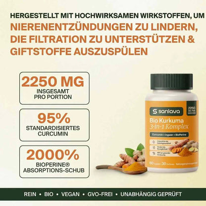 Sanlava Bio-Kurkuma 2250 mg | Unterstützt eine gesunde Nierenfiltration & hilft, entzündliche Ablagerungen auszuspülen