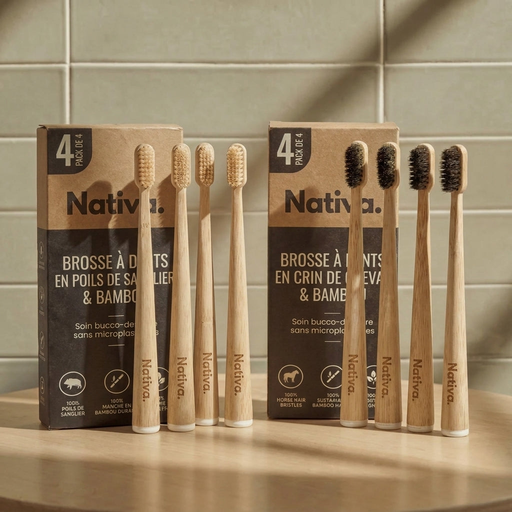 Brosse à dents en poils de sanglier ou crin de cheval (lot de 4)